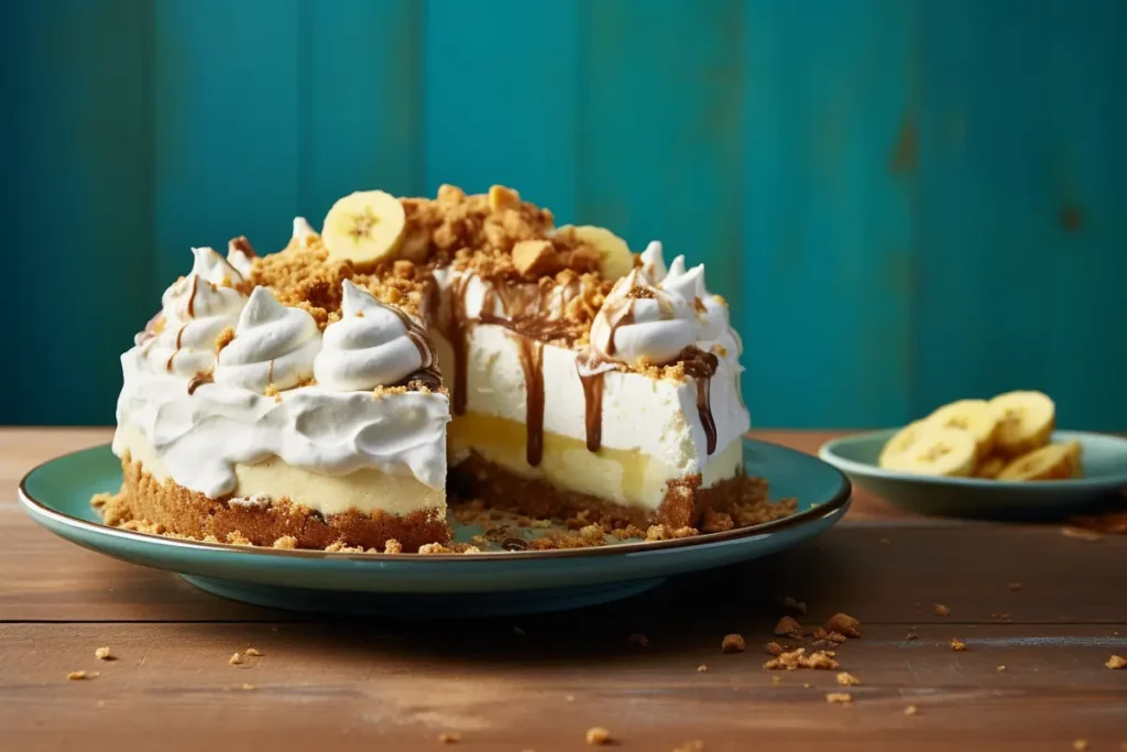 A luscious no-bake banana split cheesecake with whipped cream, sliced bananas, and crushed graham cracker