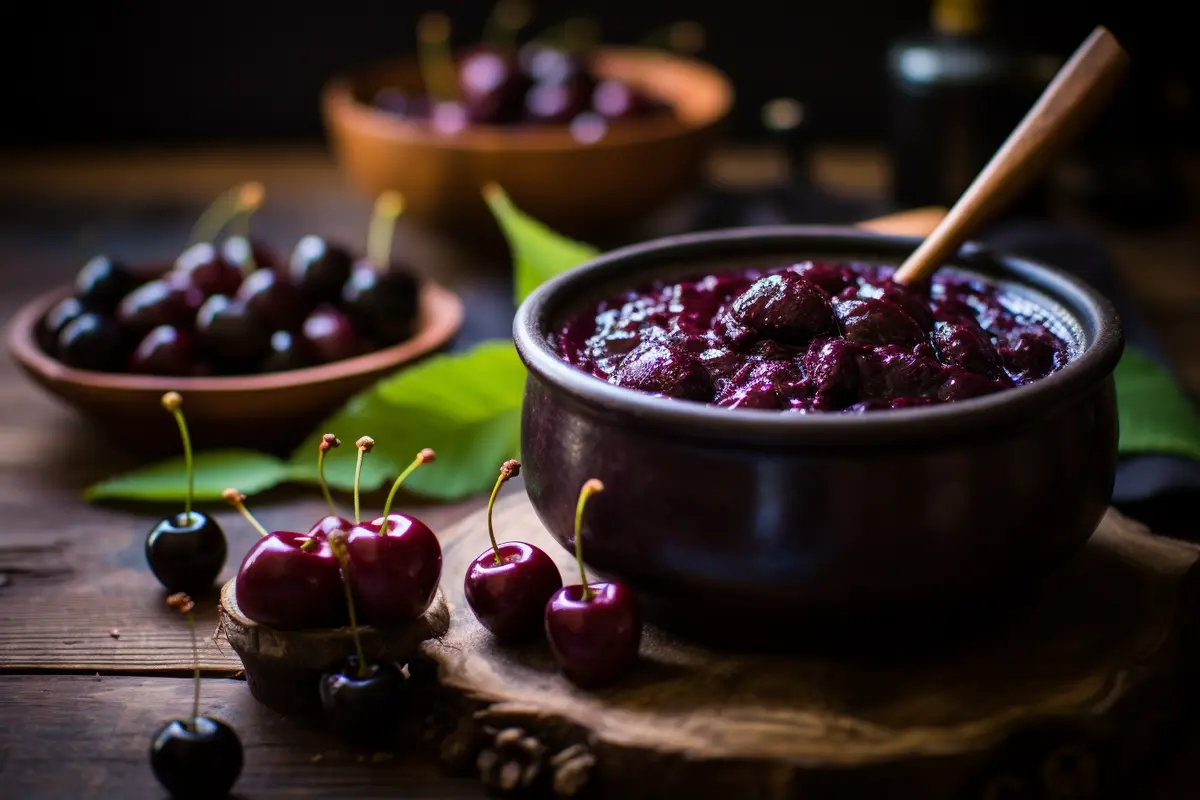 A bowl of traditional chokecherry pudding with fresh berries.