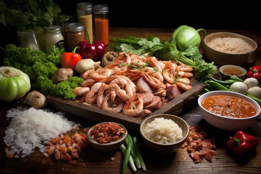 A vibrant assortment of gumbo ingredients arranged on a rustic wooden table