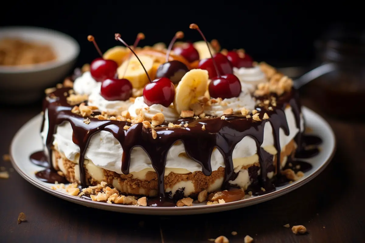 A creamy no-bake banana split cheesecake topped with bananas